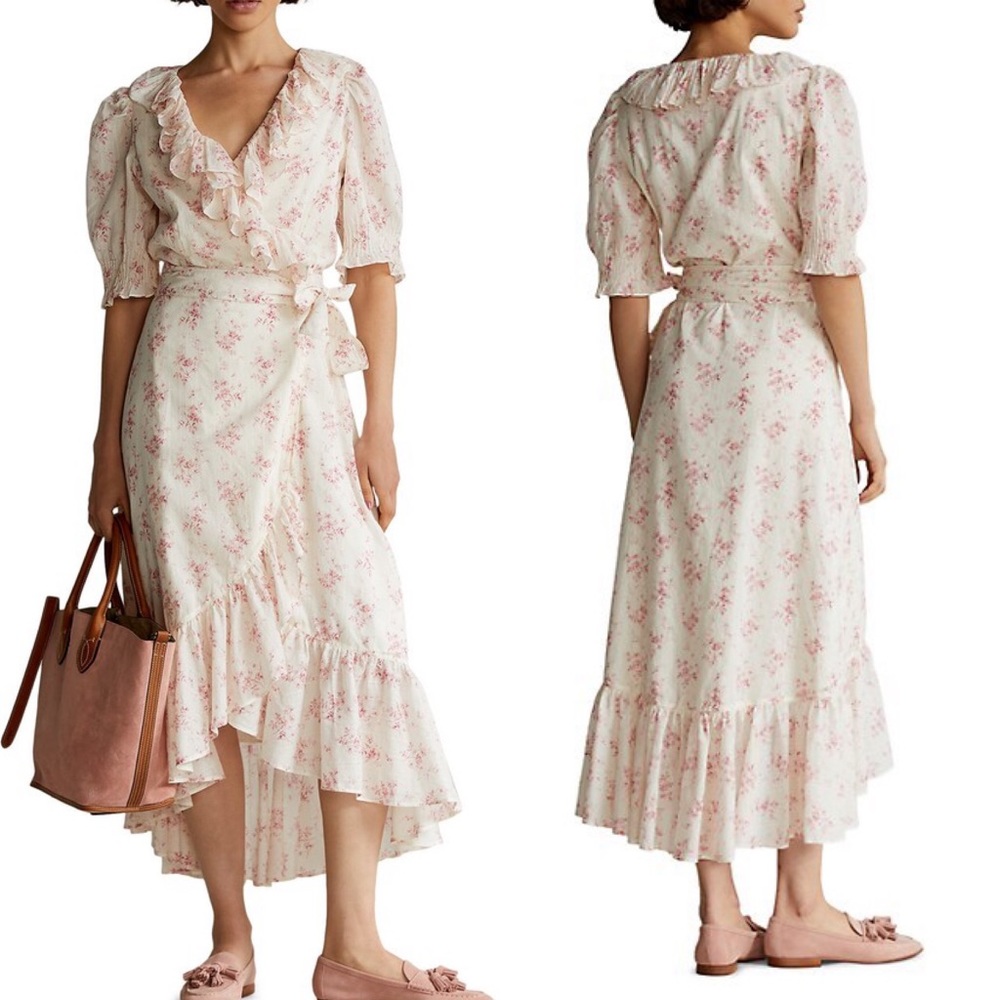 POLO RALPH LAUREN Floral High-Low Midi Ruffle Wrap Dress
